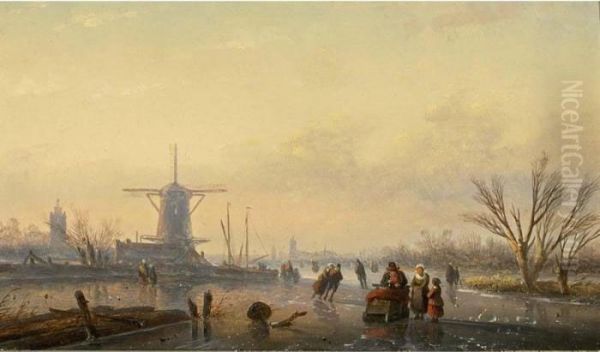 Figures On A Frozen Waterway Oil Painting by Jan Jacob Coenraad Spohler