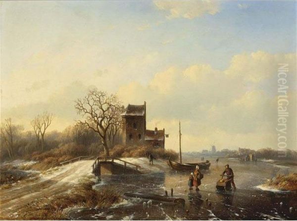 A Winter Landscape With Figures On The Ice Oil Painting by Jan Jacob Coenraad Spohler