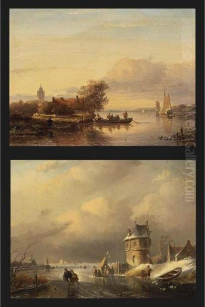 A Winter Landscape With Figures 
Near A 'koek En Zopie'; A Summer Landscape With Boats On A River (a 
Pair) Oil Painting by Jan Jacob Coenraad Spohler