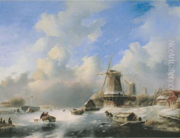 A Frozen Winter Landscape With Skaters By A Windmill Oil Painting by Jan Jacob Coenraad Spohler