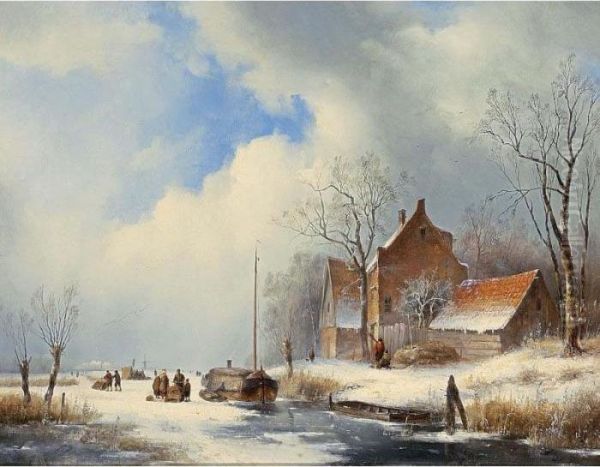 A Frozen Waterway With Figures On The Ice Oil Painting by Jan Jacob Coenraad Spohler