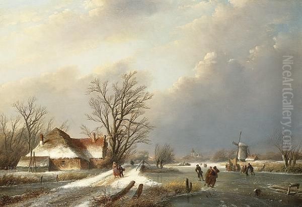 Winter Landscape With Figures Skating On A Frozen River Oil Painting by Jan Jacob Coenraad Spohler