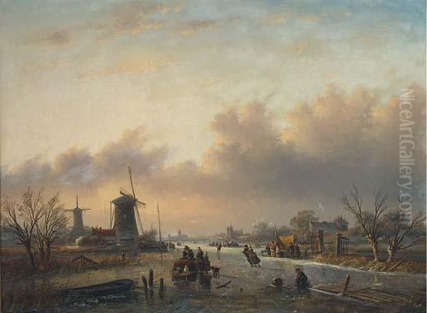 Skaters On A Dutch Waterway Before Windmills At Dusk Oil Painting by Jan Jacob Coenraad Spohler