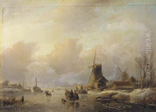 Skaters By A Koek En Zopie On A Frozen Waterway Oil Painting by Jan Jacob Coenraad Spohler