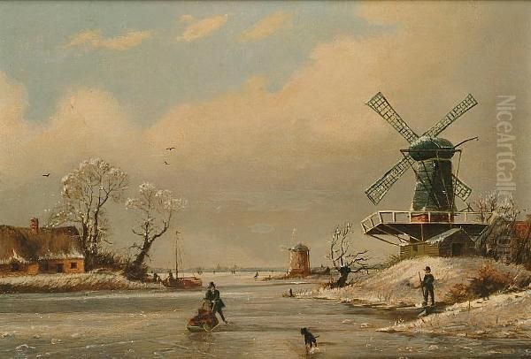 Dutch Winter Landscape With Figures Oil Painting by Jan Jacob Coenraad Spohler