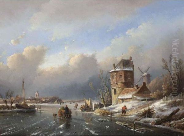 Figures On A Frozen Waterway Near A 'koek En Zopie' Oil Painting by Jan Jacob Coenraad Spohler