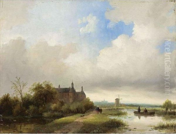 Travellers On A Path, Haarlem In The Distance Oil Painting by Jan Jacob Coenraad Spohler