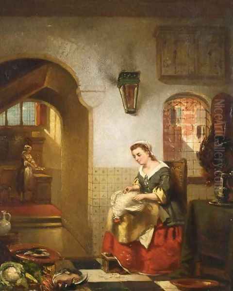 Women Preparing Dinner in a Kitchen Interior Oil Painting by Johannes Anthonie Balthasar Stroebel