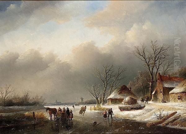 Winter Scene With Figures On The Ice Oil Painting by Jan Jacob Coenraad Spohler