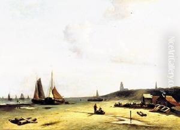 Kustenlandschaft Mit Mehreren 
Fischerbooten. Am Ufer Geschaftiges Treiben. Unten Links Signiert J. F. 
Spohler Oil Painting by Jan Jacob Coenraad Spohler