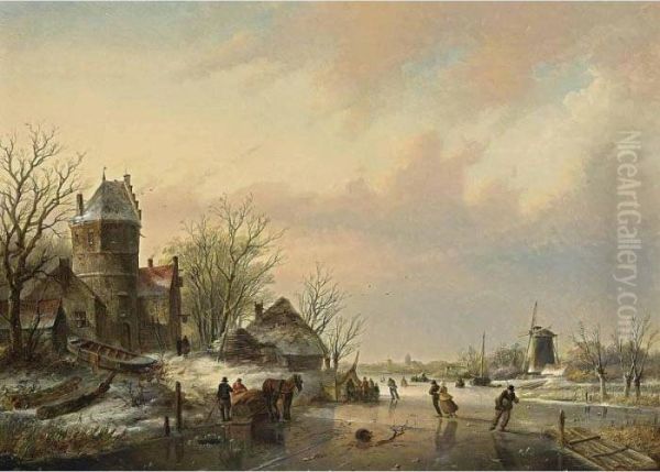 A Winter Landscape With Skaters Near A 'koek En Zopie' Oil Painting by Jan Jacob Coenraad Spohler