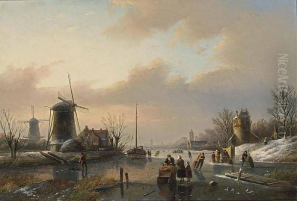 A Winter Landscape With Figures On A Frozen River Oil Painting by Jan Jacob Coenraad Spohler