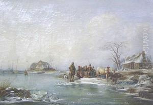 Winter Landscape With Figures By A Frozen Stream Oil Painting by Jan Jacob Coenraad Spohler