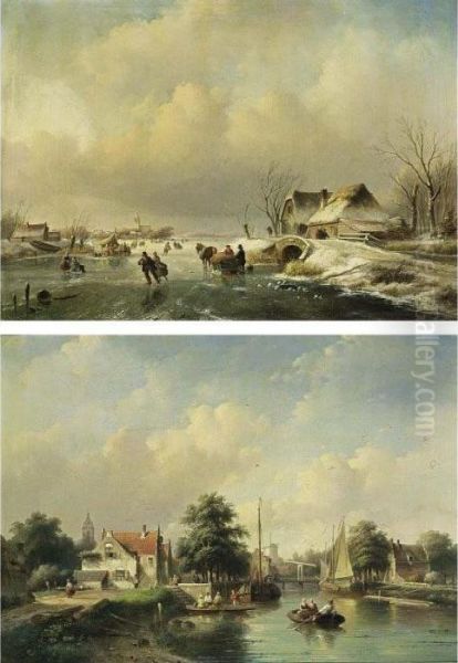 Skaters On The Ice Near A 'koek En Zopie'; Villagers In A Boat On A Summer Day (a Pair) Oil Painting by Jan Jacob Coenraad Spohler