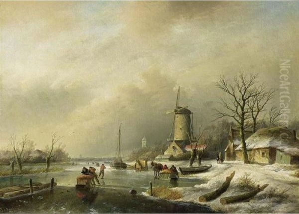 Figures With A Horse-drawn Sledge On A Frozen River Oil Painting by Jan Jacob Coenraad Spohler