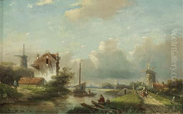 A River Landscape In Summer Oil Painting by Jan Jacob Coenraad Spohler