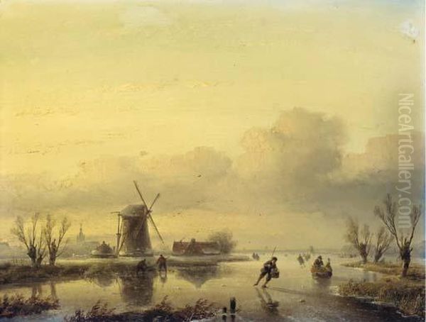 A Winter Landscape With Figures On A Frozen Waterway Oil Painting by Jan Jacob Coenraad Spohler