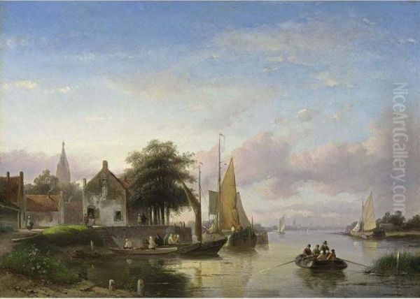 A Summer Landscape With Boats On A River Oil Painting by Jan Jacob Coenraad Spohler