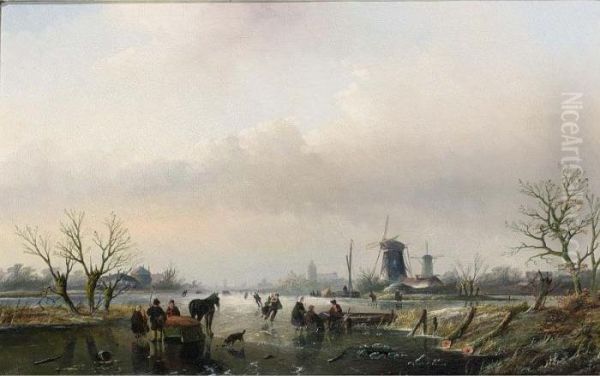 A Winter Landscape With Skaters On A Frozen River Oil Painting by Jan Jacob Coenraad Spohler