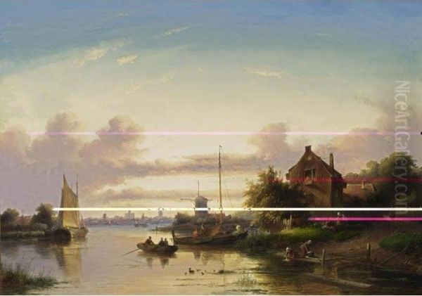 A River Landscape At Dusk, Haarlem In The Distance Oil Painting by Jan Jacob Coenraad Spohler