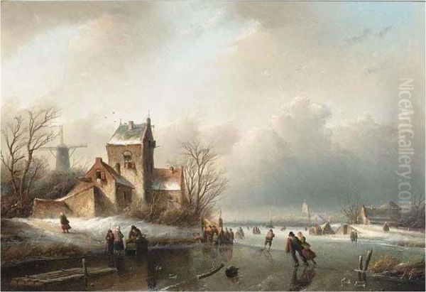 Skaters On A Frozen River, A 'koek And Zopie' Beyond Oil Painting by Jan Jacob Coenraad Spohler