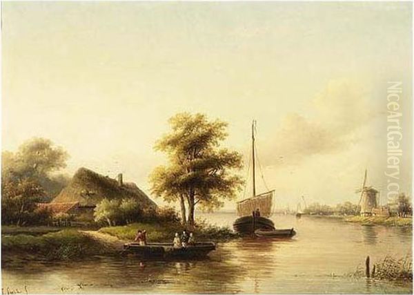 A River Landscape In Summer Oil Painting by Jan Jacob Coenraad Spohler