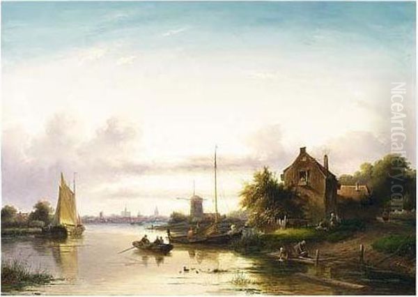 An Extensive River Landscape At Dusk Oil Painting by Jan Jacob Coenraad Spohler