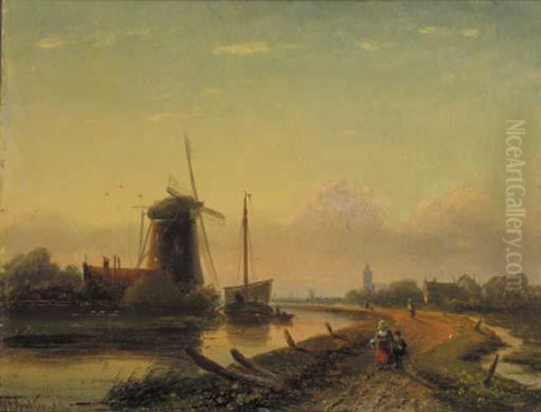 A Summer Landscape With Villagers Along A Canal At Dusk Oil Painting by Jan Jacob Coenraad Spohler