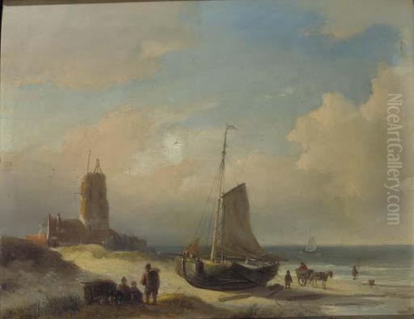 A Coastal View With Fisherfolk 
Resting On A Dunetop; A Frozenwaterway With Skaters And A Koek And Zopie
 Stand Oil Painting by Jan Jacob Coenraad Spohler