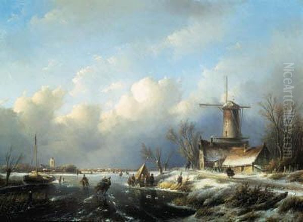 Skaters On A Frozen Canal Oil Painting by Jan Jacob Coenraad Spohler