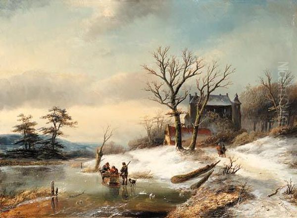 Figures In A Wintry Landscape Oil Painting by Jan Jacob Coenraad Spohler