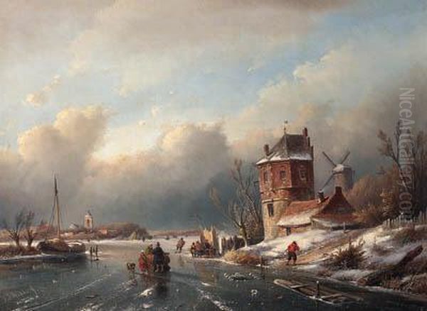 Winter Landscape With Skaters On
 The Ice, A Man Pushing A Sledgeand A Koek En Zopie-stand Oil Painting by Jan Jacob Coenraad Spohler