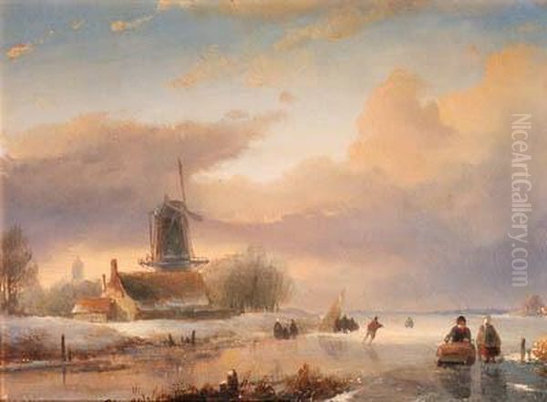 A Winter Landscape With Skaters Near A Koek-en-zopie Oil Painting by Jan Jacob Coenraad Spohler