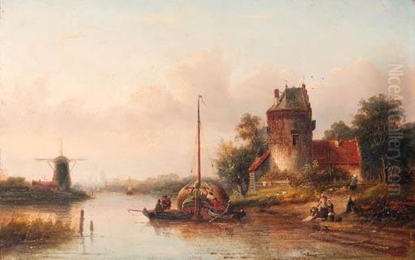 A River Landscape In Summer With A Moored Haybarge By A Fortifiedfarmhouse Oil Painting by Jan Jacob Coenraad Spohler