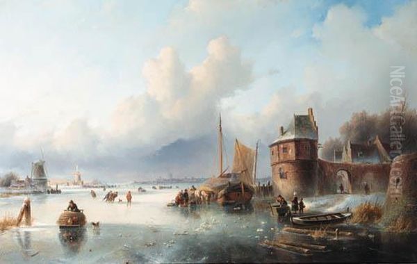 A Winter Landscape With Numerous Skaters On A Frozen Waterway,dordrecht In The Distance Oil Painting by Jan Jacob Coenraad Spohler