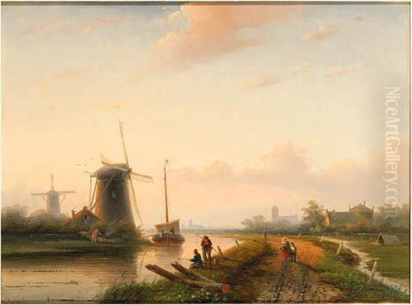 Windmills In A Polder Landscape With Figures On A Track Along Acanal Oil Painting by Jan Jacob Coenraad Spohler