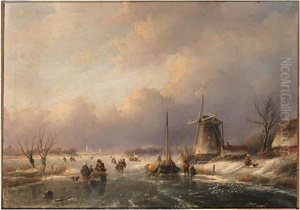 A Winter Landscape Oil Painting by Jan Jacob Coenraad Spohler