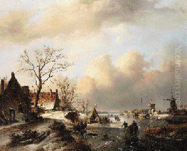 A Dutch Winter Landscape With Skaters On A Frozen River Oil Painting by Jan Jacob Coenraad Spohler