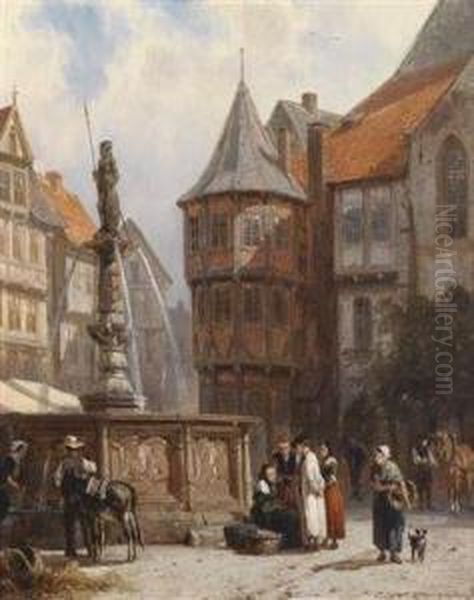 Market Day In Front Of A Town House In Hildesheim Oil Painting by Cornelis Springer