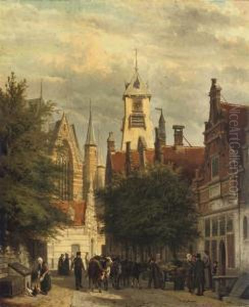 Townspeople And Cattle In The 
Bagijnestraat With The Westerkerk Inthe Background, Enkhuizen Oil Painting by Cornelis Springer