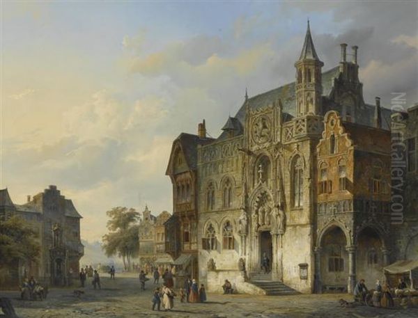 Dutch City View With Figures. Oil Painting by Cornelis Springer