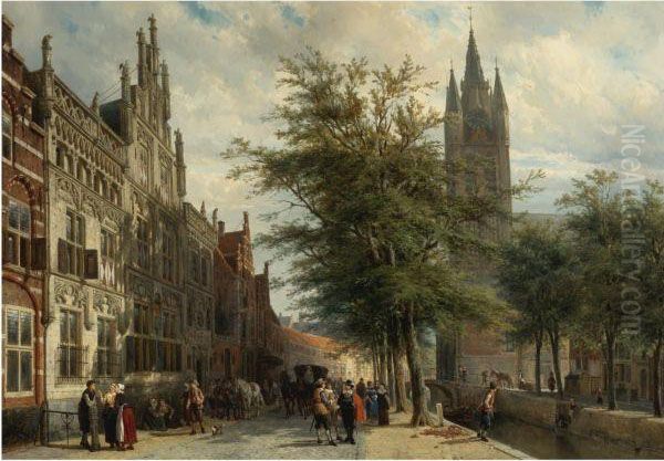 The Gemeenlandshuis And The Old Church, Delft, In Summer Oil Painting by Cornelis Springer