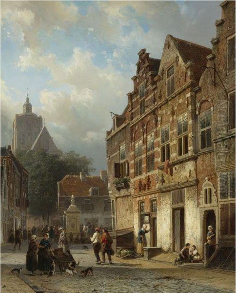 The Koopmansstraat And Market, Brielle Oil Painting by Cornelis Springer