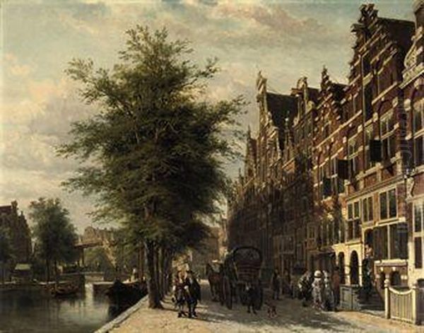 View Of The Singel In Summer With The Mennonite Church 'het Lam',amsterdam Oil Painting by Cornelis Springer