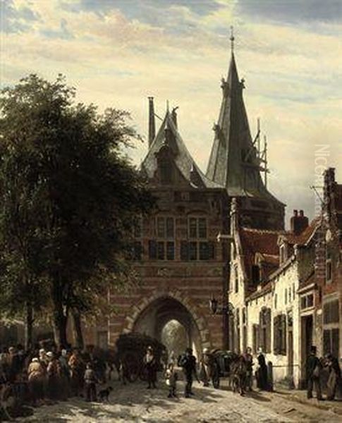 Numerous Townspeople In Front Of The Cellbroederspoort,kampen. Oil Painting by Cornelis Springer