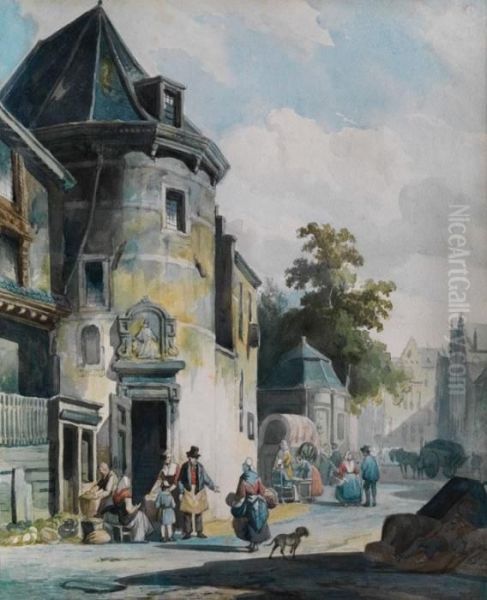 Stadtansicht Mit Markt Oil Painting by Cornelis Springer