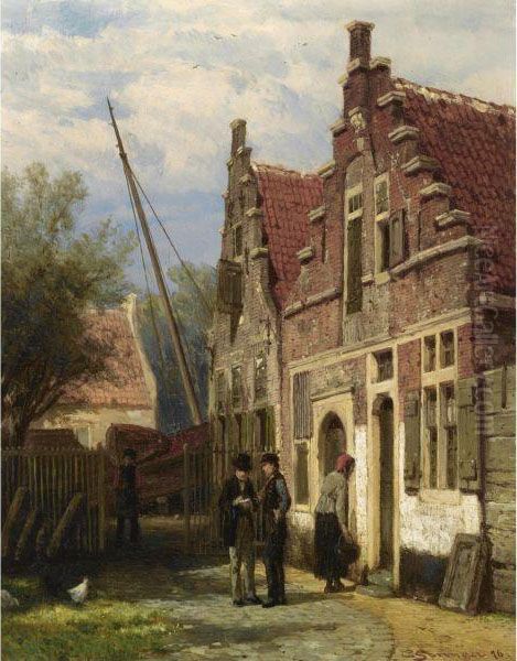 Figures By A Shipyard, Brielle Oil Painting by Cornelis Springer