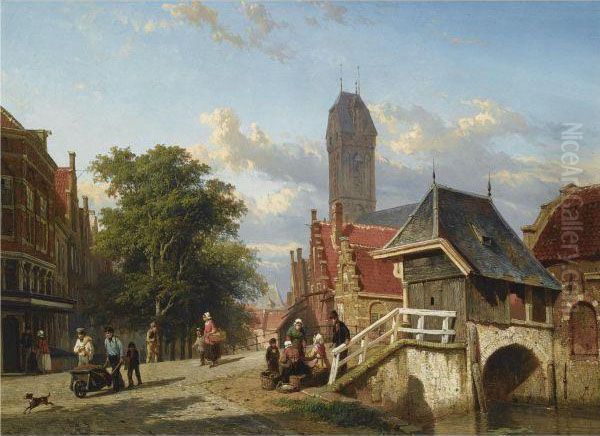 The Fishmarket And Bridge In Oudewater Oil Painting by Cornelis Springer