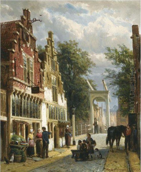 Figures In The Streets Of Alkmaar Oil Painting by Cornelis Springer