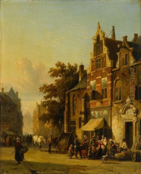 Street Scene With Figures Oil Painting by Cornelis Springer